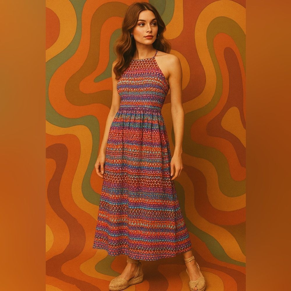 🌟 Vibrant CeCe 70’s inspired  boho by Cynthia Steffe Halter Maxi Dress – Size 10